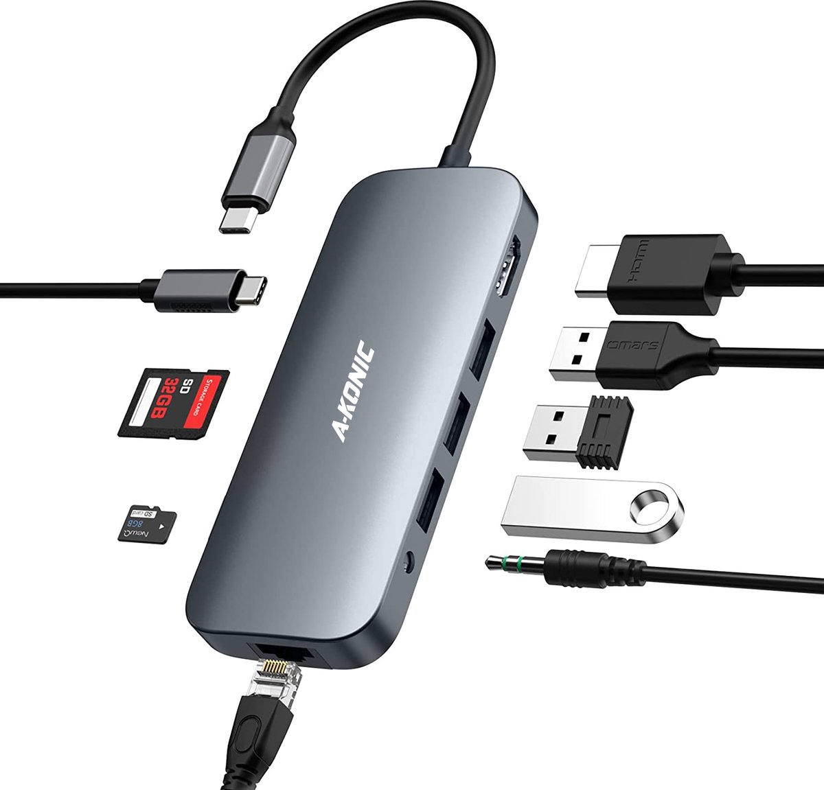 A-KONIC© USB C Docking Station - met HDMI, Ethernet RJ45, 100W opladen en meer - Grey