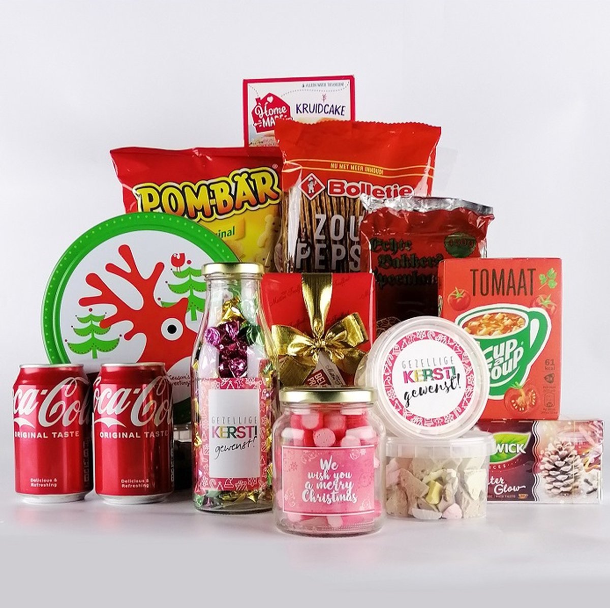 Kerstpakket "Rood" cadeaupakket vol heerlijkheden themakleur rood bol