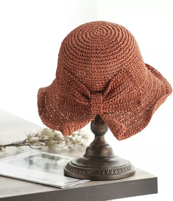 ASTRADAVI Straw Bucket Hat - Zonnehoedje Grote Rand en Verstelbaar - Strooien Hoeden met Strik voor Dames - Oranje