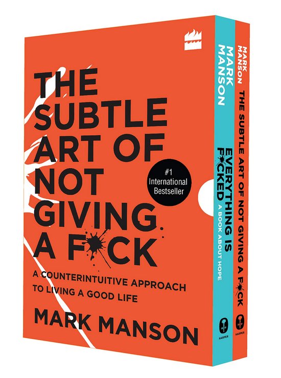 Boekhoes met de titel 'The Subtle Art of Not Giving a F*ck' in grote, witte letters op een oranje achtergrond. Geschreven door Mark Manson.