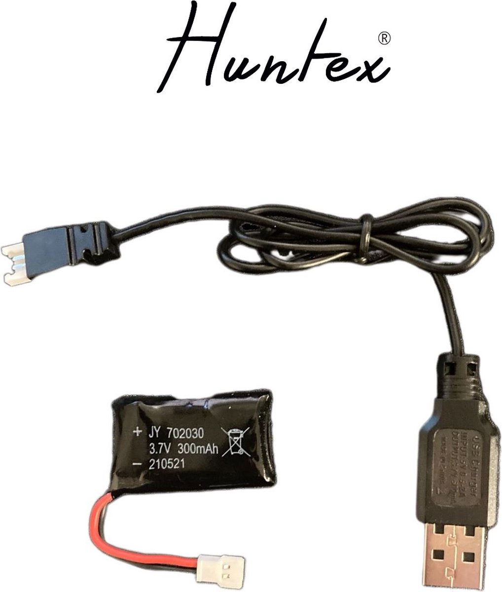 Huntex 3.7V 300Mah Lipo Batterij + USB-Oplaadkabel - Voor FQ777 FQ17WUdi U816 U830 F180 E55 Hubsan H107 Syma X11C FY530 FX 801 FX 651 - Rc Drone - Rc Vliegtuig - Rc Auto
