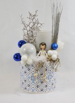 ZoeZo Design - kerststuk - kerststukje - wit - blauw - aardewerk pot - met waxinelichtjeshouder - Hoogte 31 cm - Ø 16 cm