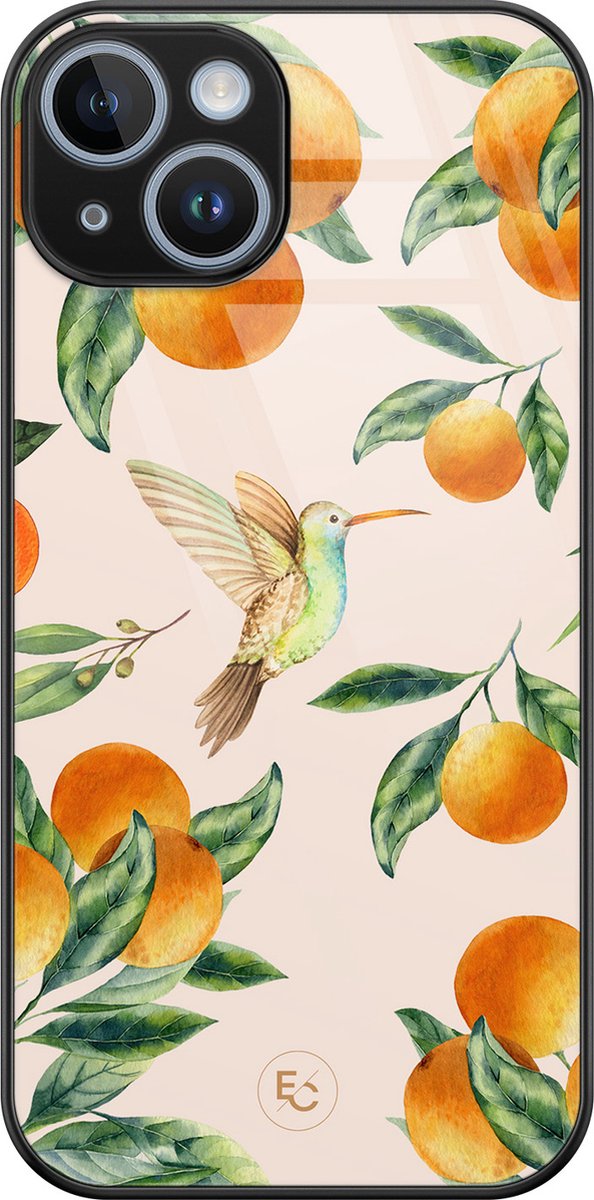 Hoesje geschikt voor iPhone 14 - Tropical fruit - Luxe Hard Case - Bloemen - Oranje - ELLECHIQ
