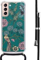 Hoesje met koord geschikt voor Samsung Galaxy S21 - Vogels Japanse bloemen - Inclusief zwart koord - Crossbody beschermhoes - Transparant, Groen - Mooie Telefoonhoesjes