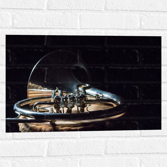 Foto: Muursticker liggend gouden blaasinstrument tegen zwarte achtergrond 60x40 cm foto op muursticker