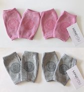 4 Paar - Knie beschermers Roze - Lichtgrijs - anti slip sokken kruipbeschermers baby meisje