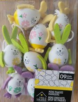 9 gekleurde paashangers met gezichtjes voor Paasboom - geel, groen en paarse paaseitjes voor paastakken - Paasdecoratie Pasen