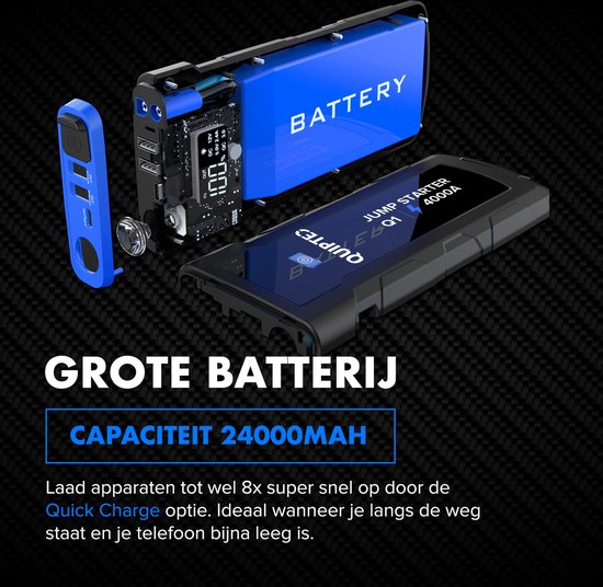 Quipted Jumpstarter voor auto - 4000A - 12V Starthulp - 24000mAh - 7-in-1 - Incl Powerbank, zaklamp & SOS-noodlicht - Quipted