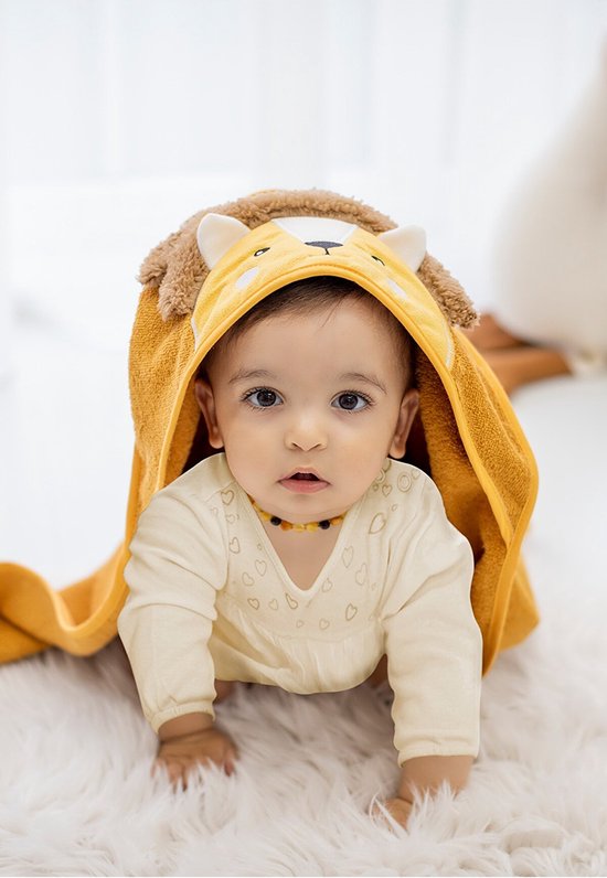 SNS Baby | 100% Katoen | Baby Inbakerdoek | Leeuw | 75 x 75 cm | Knuffelig & Absorberend | Baby Handdoek met Kap | Baby Badhanddoek | Badhanddoek | Baphanddoek Pasgeborenen | Voorgestelde handdoek