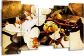 GroepArt - Canvas Schilderij - Orchidee - Bruin, Wit, Groen - 150x80cm 5Luik- Groot Collectie Schilderijen Op Canvas En Wanddecoraties