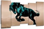 GroepArt - Canvas Schilderij - Paard - Bruin, Blauw, Zwart - 150x80cm 5Luik- Groot Collectie Schilderijen Op Canvas En Wanddecoraties