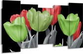 GroepArt - Canvas Schilderij - Tulpen - Groen, Grijs, Rood - 150x80cm 5Luik- Groot Collectie Schilderijen Op Canvas En Wanddecoraties