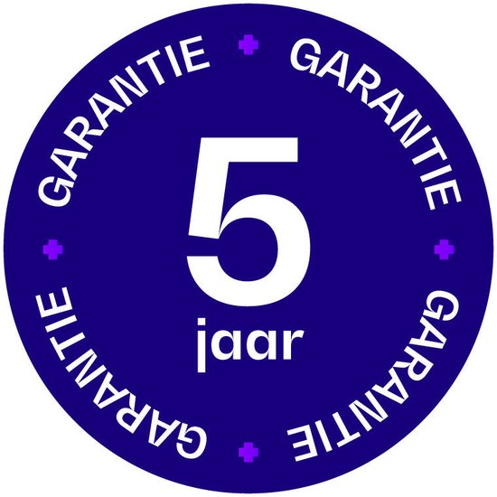 Ronde garantie sticker met '5 jaar garantie' in paars en wit.