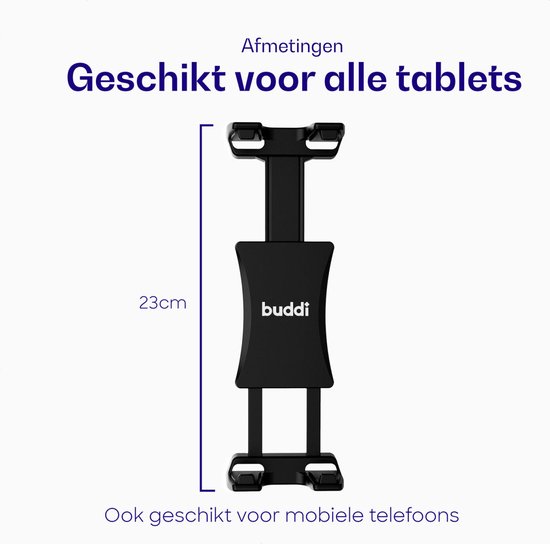 Zwarte Buddi tablethouder, 23cm breed, ook voor mobiele telefoons.