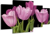 GroepArt - Schilderij -  Tulpen - Paars, Groen, Zwart - 160x90cm 4Luik - Schilderij Op Canvas - Foto Op Canvas