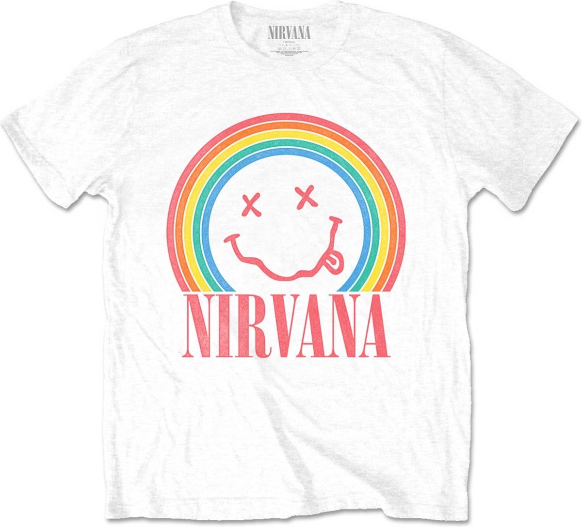 Nirvana - Happy Face Rainbow Heren Tshirt - 2XL - Wit