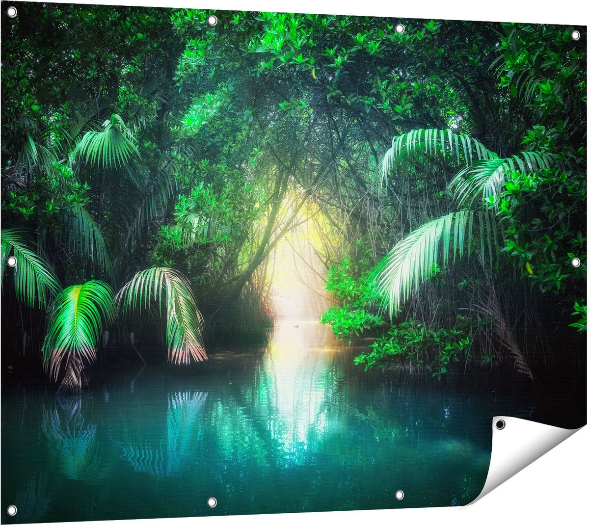 Gards Tuinposter Tropische Jungle met een Turquoise Meer - 120x90 cm - Tuindoek - Tuindecoratie - Wanddecoratie buiten - Tuinschilderij Multikleur