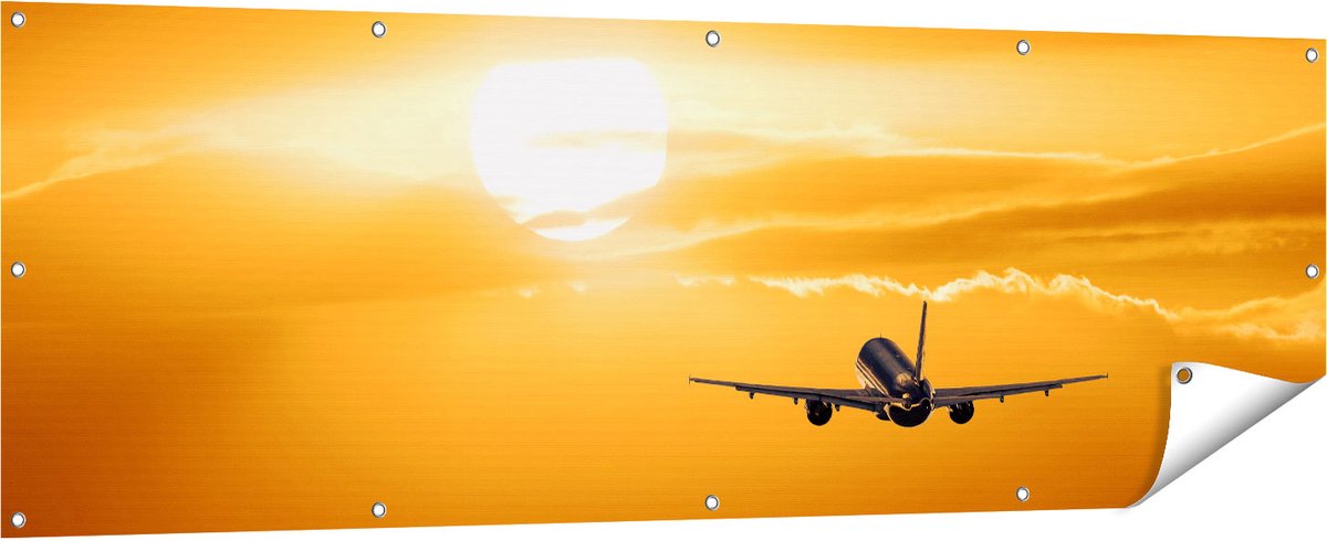 Gards Tuinposter Vliegtuig bij Zonsondergang - 180x60 cm - Tuindoek - Tuindecoratie - Wanddecoratie buiten - Tuinschilderij Multikleur