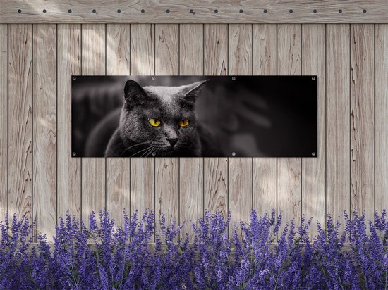 Gards Tuinposter Zwarte Kat met Gele Ogen - 150x50 cm - Tuindoek - Tuindecoratie - Wanddecoratie buiten - Tuinschilderij