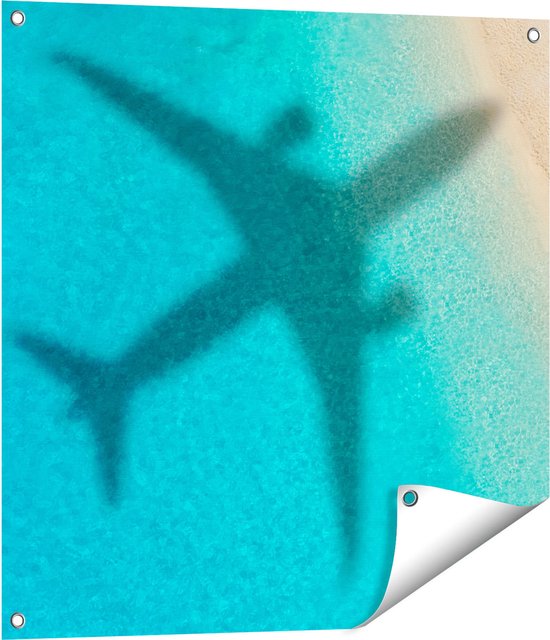 Gards Tuinposter Silhouet van een Vliegtuig op het Strand - 70x70 cm - Tuindoek - Tuindecoratie - Wanddecoratie buiten - Tuinschilderij