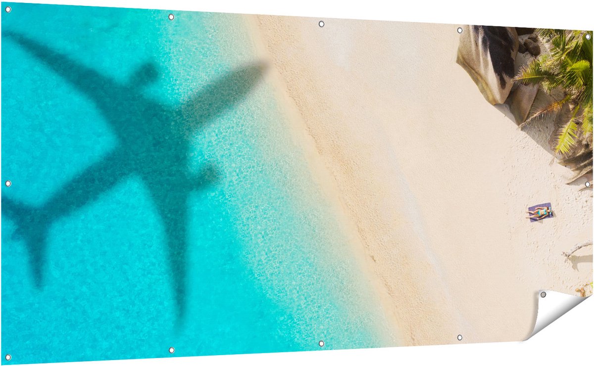 Gards Tuinposter Silhouet van een Vliegtuig op het Strand - 200x100 cm - Tuindoek - Tuindecoratie - Wanddecoratie buiten - Tuinschilderij Multikleur