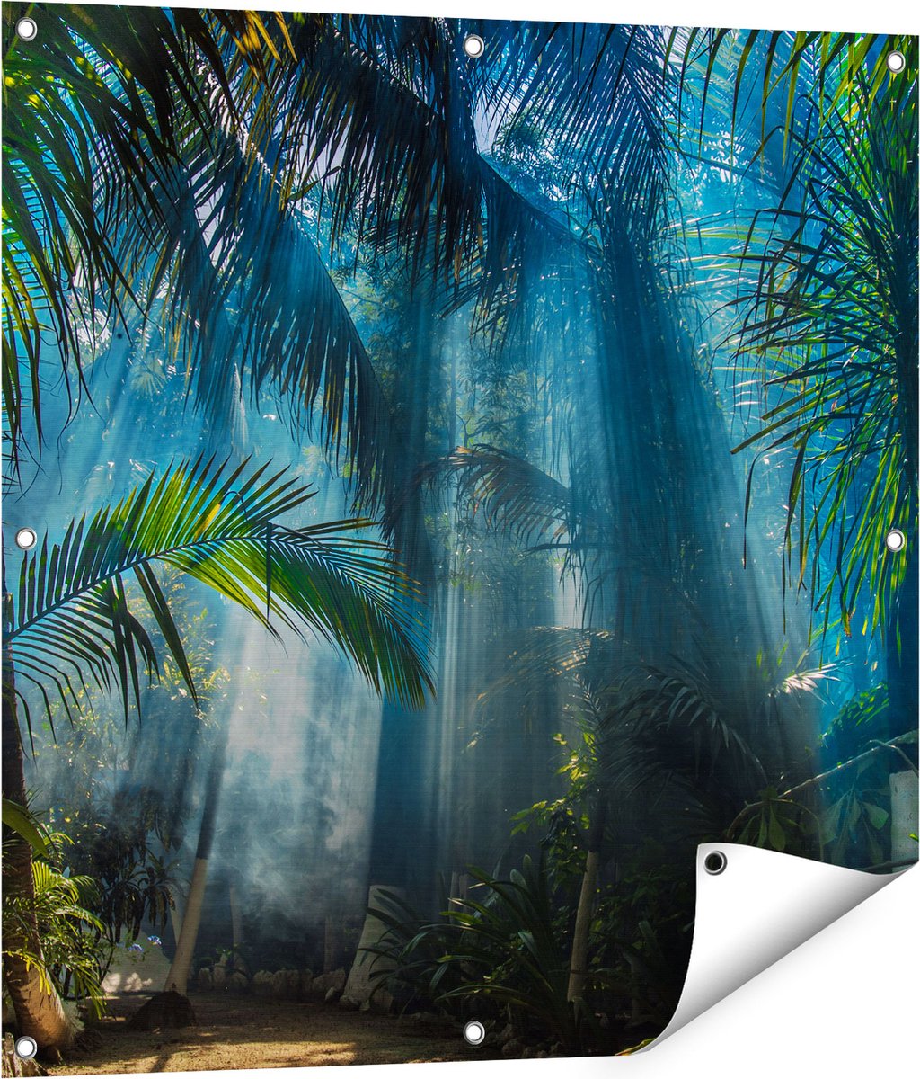 Gards Tuinposter Dichtbegroeide Jungle met Zonnestralen - 80x80 cm - Tuindoek - Tuindecoratie - Wanddecoratie buiten - Tuinschilderij Multikleur