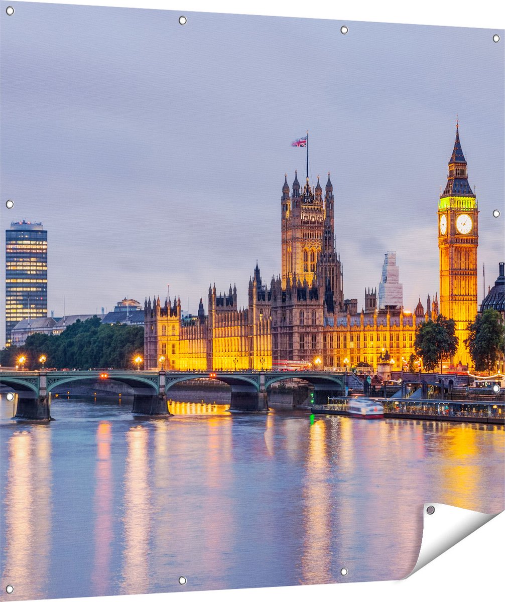 Gards Tuinposter London Big Ben en Westminster Brug - 120x120 cm - Tuindoek - Tuindecoratie - Wanddecoratie buiten - Tuinschilderij Multikleur