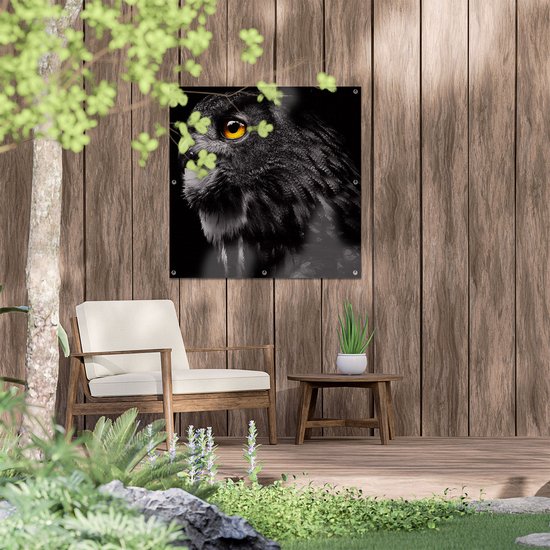 Gards Affiche de jardin Chouette Noire aux Yeux d'Or - 80x80 cm - Toile jardin - Décoration de jardin - Décoration murale extérieur - Tableau jardin