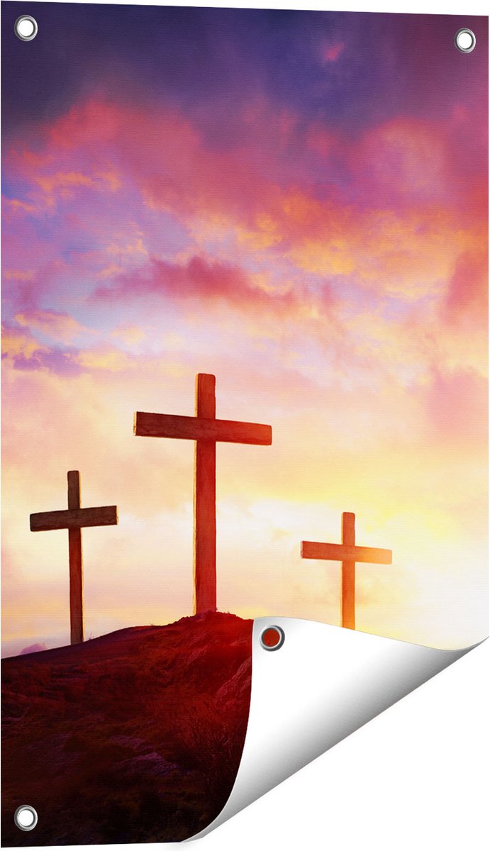 Gards Tuinposter Kruisiging van Jezus Christus - Drie Kruisen - 40x60 cm - Tuindoek - Tuindecoratie - Wanddecoratie buiten - Tuinschilderij Multikleur