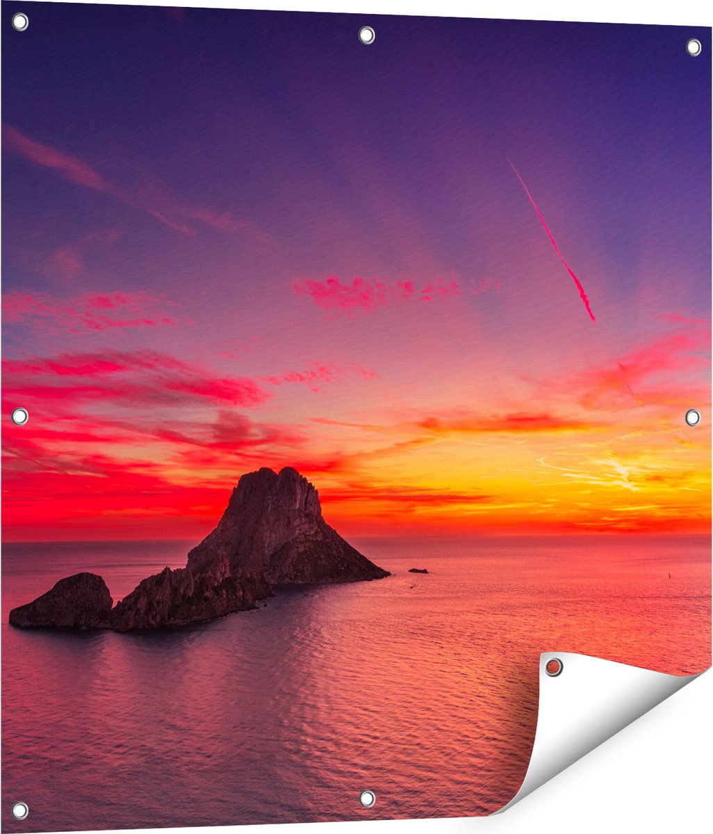 Gards Tuinposter Ibiza Rotsen Eiland bij Zonsondergang - 80x80 cm - Tuindoek - Tuindecoratie - Wanddecoratie buiten - Tuinschilderij Multikleur