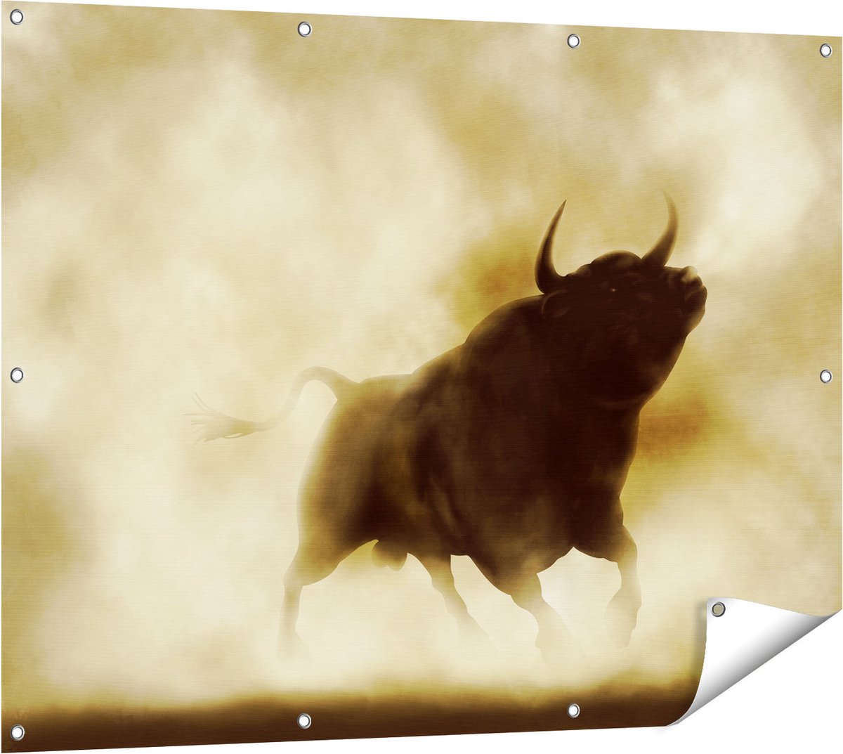 Gards Tuinposter Zwarte Stier in het Stoffige Rook - 120x90 cm - Tuindoek - Tuindecoratie - Wanddecoratie buiten - Tuinschilderij Multikleur