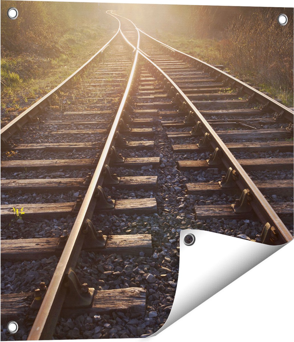 Gards Tuinposter Twee Kruisende Rails Spoorwegen - 50x50 cm - Tuindoek - Tuindecoratie - Wanddecoratie buiten - Tuinschilderij Multikleur
