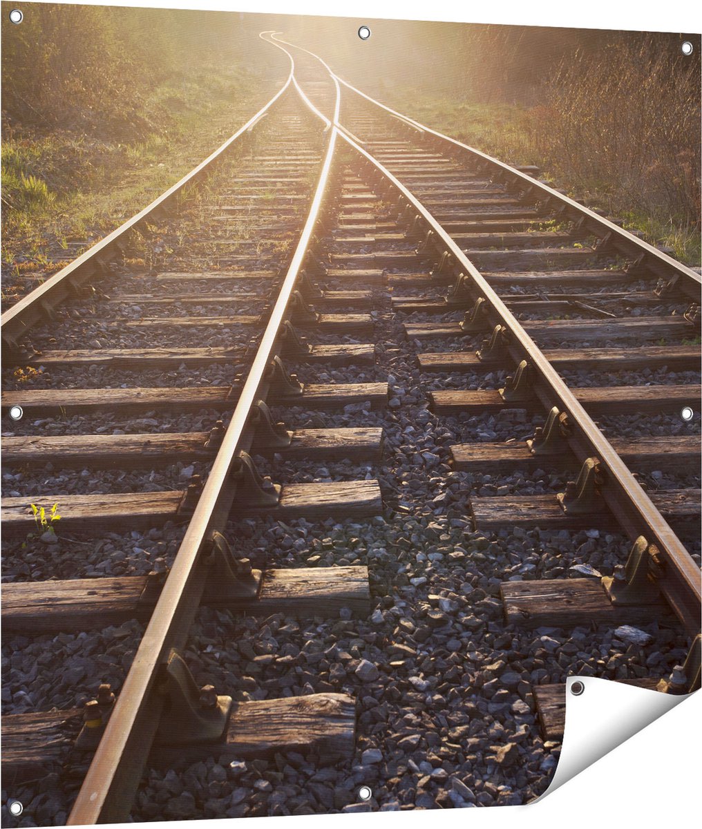 Gards Tuinposter Twee Kruisende Rails Spoorwegen - 100x100 cm - Tuindoek - Tuindecoratie - Wanddecoratie buiten - Tuinschilderij Multikleur