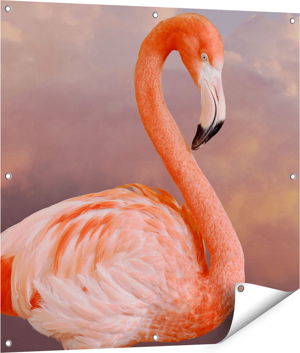 Gards Tuinposter Roze Flamingo in de Wolken - 90x90 cm - Tuindoek - Tuindecoratie - Wanddecoratie buiten - Tuinschilderij Multikleur