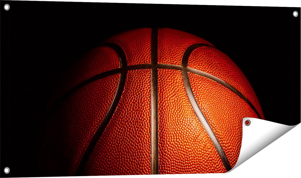 Gards Tuinposter Basketbal op een Zwarte Achtergrond - 100x50 cm - Tuindoek - Tuindecoratie - Wanddecoratie buiten - Tuinschilderij Multikleur