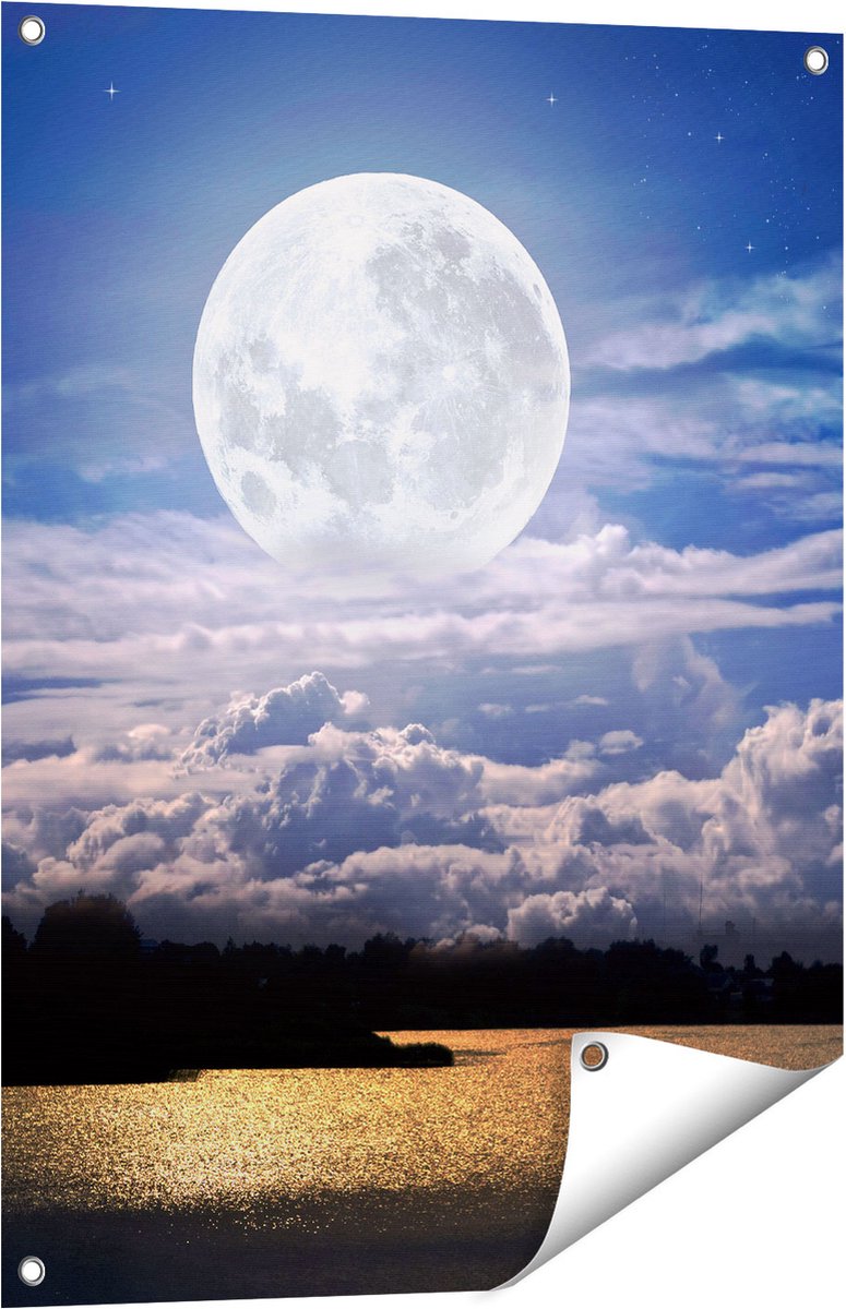 Gards Tuinposter Volle Maan bij het Water - 60x80 cm - Tuindoek - Tuindecoratie - Wanddecoratie buiten - Tuinschilderij Multikleur