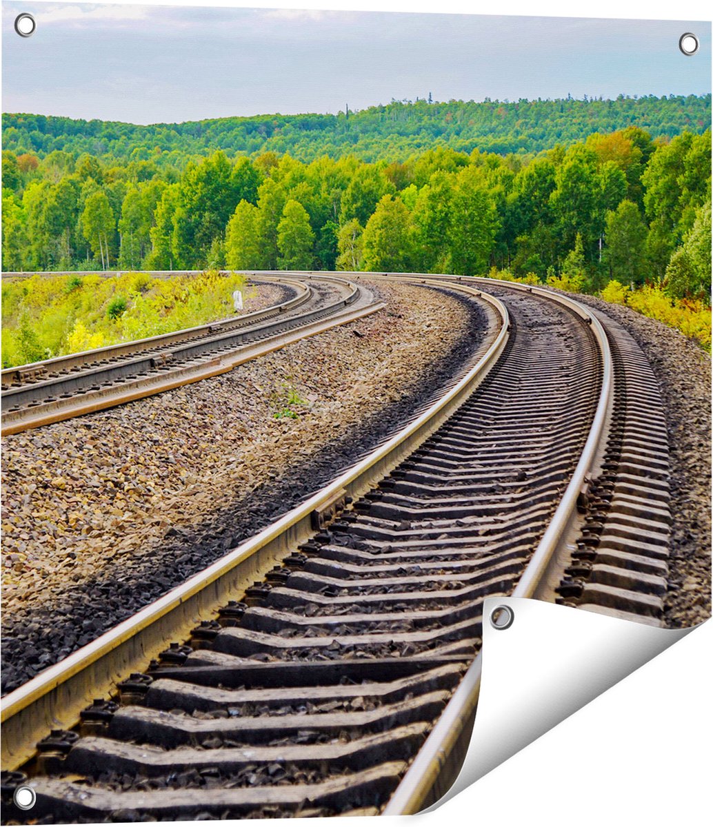 Gards Tuinposter Rails Spoorwegen in een Bocht - 60x60 cm - Tuindoek - Tuindecoratie - Wanddecoratie buiten - Tuinschilderij Multikleur