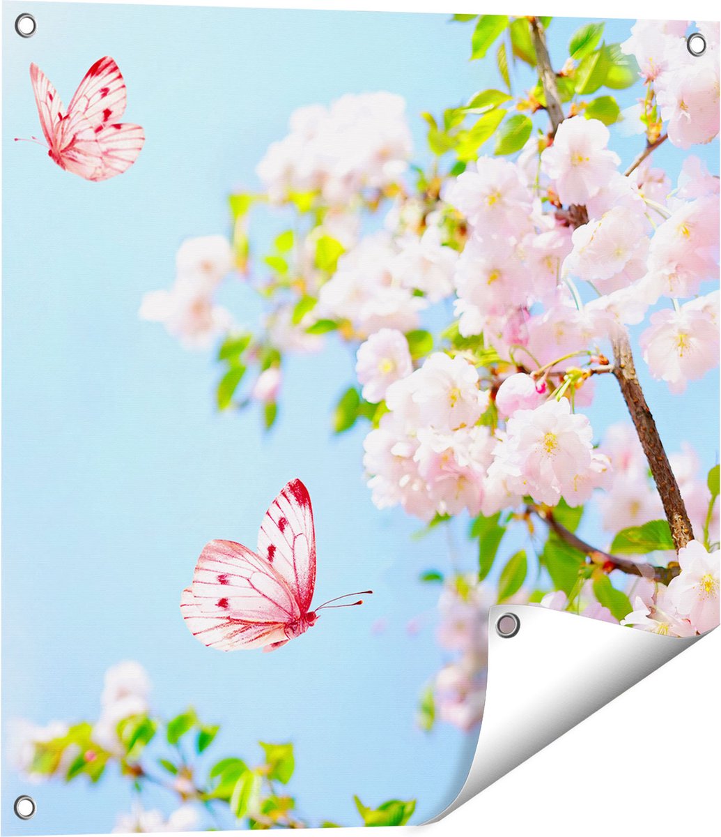 Gards Tuinposter Twee Roze Vlinders bij Roze Bloesem Bloemen - 60x60 cm - Tuindoek - Tuindecoratie - Wanddecoratie buiten - Tuinschilderij Multikleur