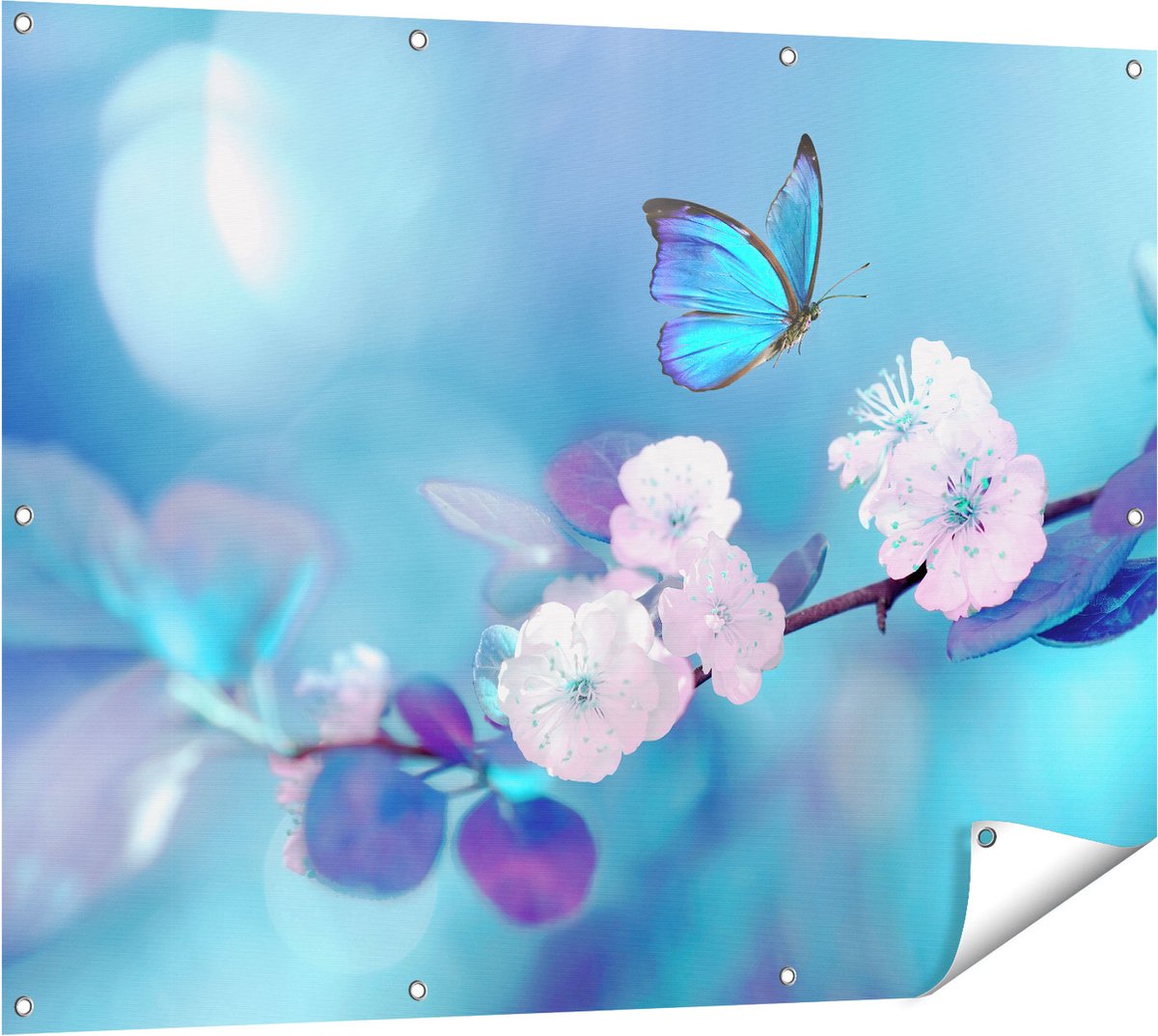 Gards Tuinposter Blauwe Vlinder bij een Roze Bloem - 120x90 cm - Tuindoek - Tuindecoratie - Wanddecoratie buiten - Tuinschilderij Multikleur