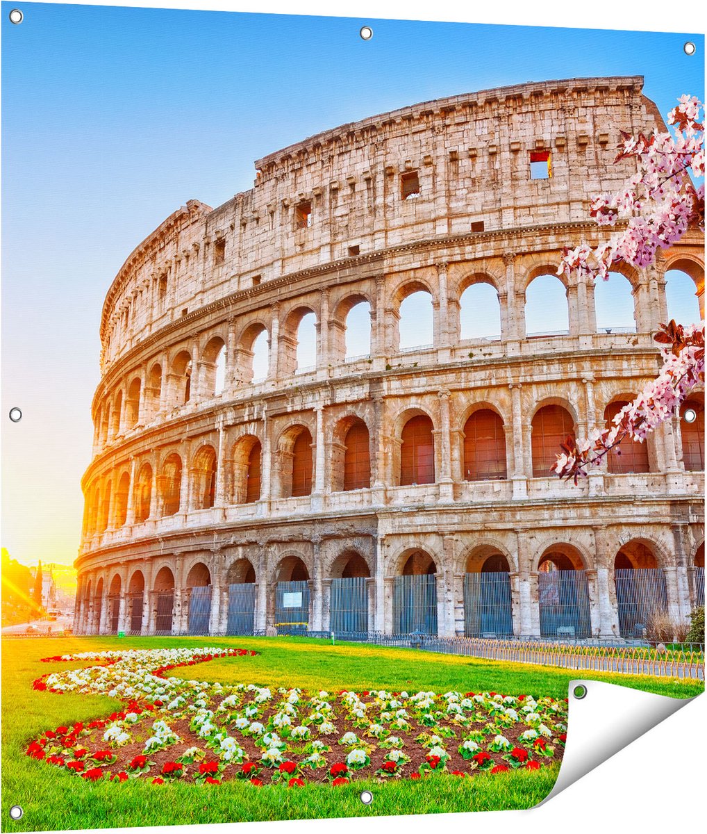 Gards Tuinposter Colosseum bij Zonsopgang in Rome, Itali� - 100x100 cm - Tuindoek - Tuindecoratie - Wanddecoratie buiten - Tuinschilderij Multikleur
