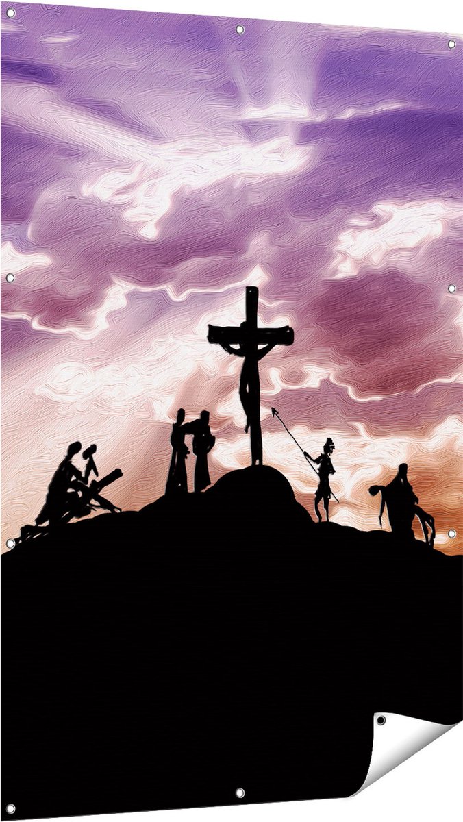 Gards Tuinposter Kruistocht naar het Kruis van Jezus Christus - 100x150 cm - Tuindoek - Tuindecoratie - Wanddecoratie buiten - Tuinschilderij Multikleur