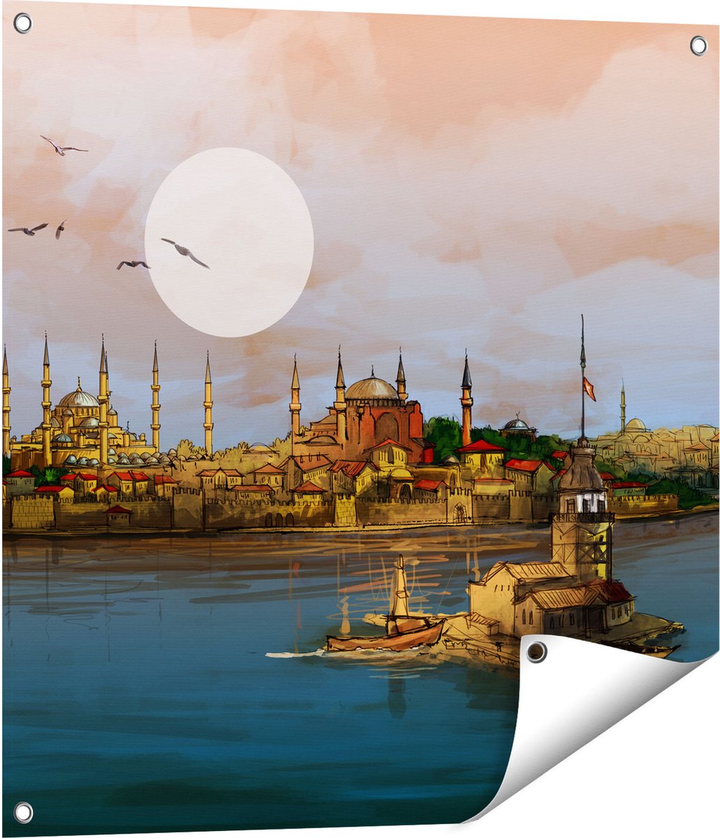 Gards Tuinposter Illustratie van de Maiden's Tower in Istanbul - 70x70 cm - Tuindoek - Tuindecoratie - Wanddecoratie buiten - Tuinschilderij Multikleur
