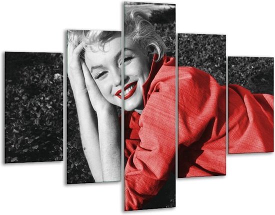 Glasschilderij -  Marilyn Monroe - Zwart, Rood, Grijs - 100x70cm 5Luik - Geen Acrylglas Schilderij - GroepArt 6000+ Glasschilderijen Collectie - Wanddecoratie- Foto Op Glas