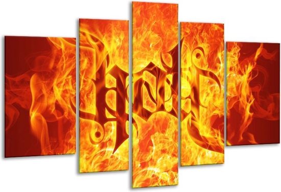 Glasschilderij Vuur - Zwart, Oranje, Geel - 170x100cm 5Luik - Foto Op Glas - Geen Acrylglas Schilderij - 6000+ Glasschilderijen Collectie - Wanddecoratie