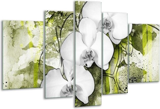 Glasschilderij Orchidee - Wit, Groen - 170x100cm 5Luik - Foto Op Glas - Geen Acrylglas Schilderij - 6000+ Glasschilderijen Collectie - Wanddecoratie