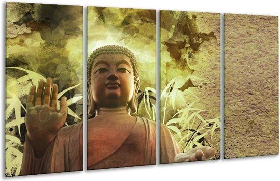 GroepArt - Glasschilderij - Boeddha, Beeld - Bruin, Groen - 160x80cm 4Luik - Foto Op Glas - Geen Acrylglas Schilderij - 6000+ Glasschilderijen Collectie - Wanddecoratie