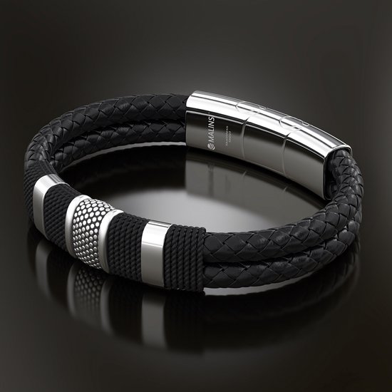 Malinsi Armband Heren - Zilver RVS en Zwart Leer - 20 cm + 2 cm verlengstuk - Armbandje Mannen - Malinsi
