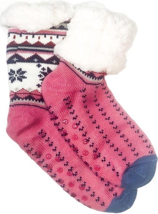 Merino Wollen sokken - Roze met Sneeuwvlok - maat 39/42 - Huissokken - Antislip sokken - Warme sokken – Winter sokken