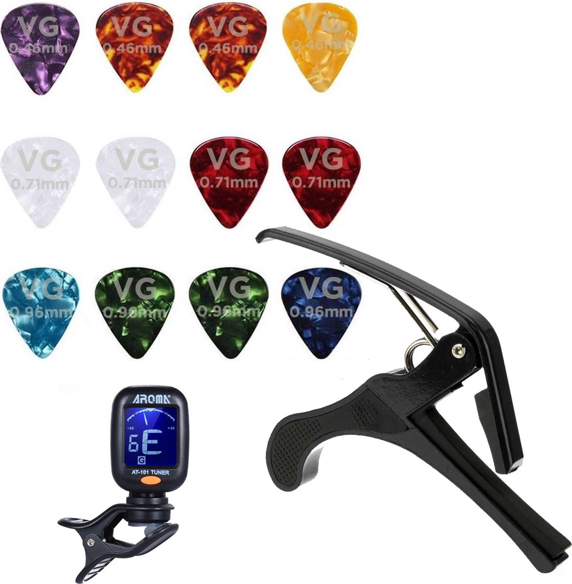 VG accessoires set voor alle gitaren | capo | stemapparaat | 12x plectrum
