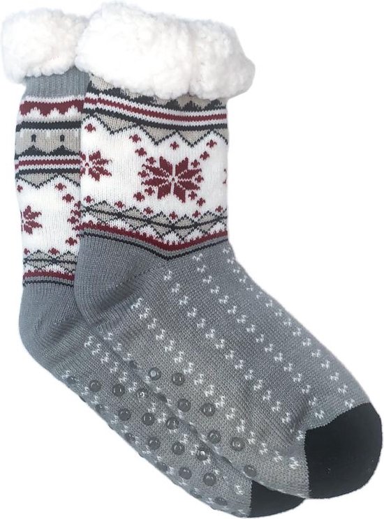 Merino Wollen sokken - Licht Grijs met Rode Sneeuwvlok - maat 35/38 - Huissokken - Antislip sokken - Warme sokken – Winter sokken